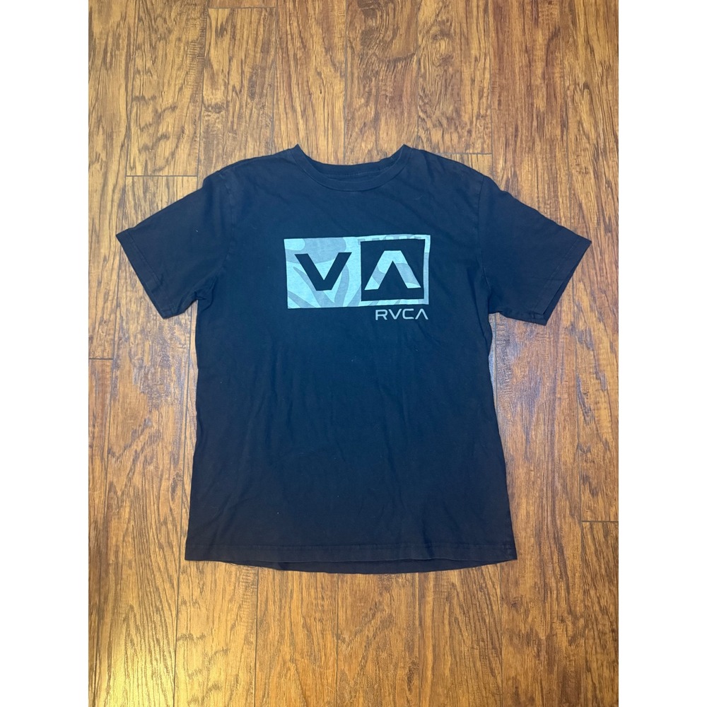 RVCA Mens VA Logo Graphic T-Shirt Black Camo Box Print Regular Fit Small